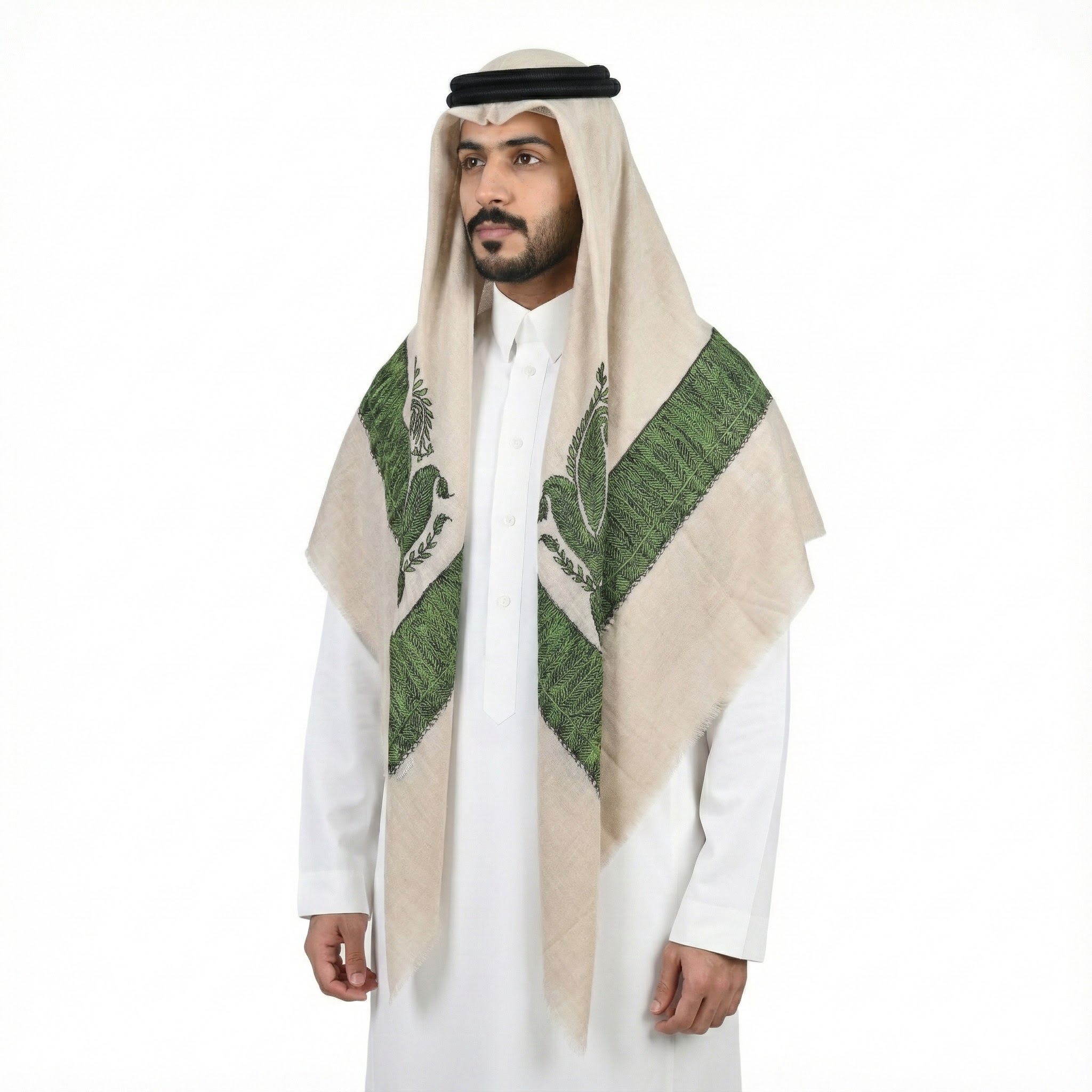 شال بتصميم تقليدي مع تطريز أخضر / أسود