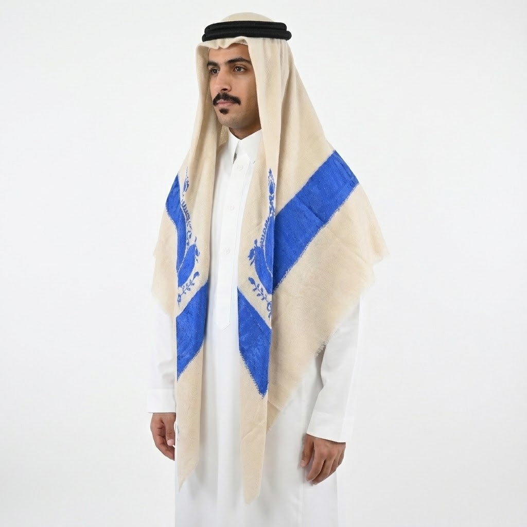 شال بتصميم تقليدي مع تطريز أزرق ملكي