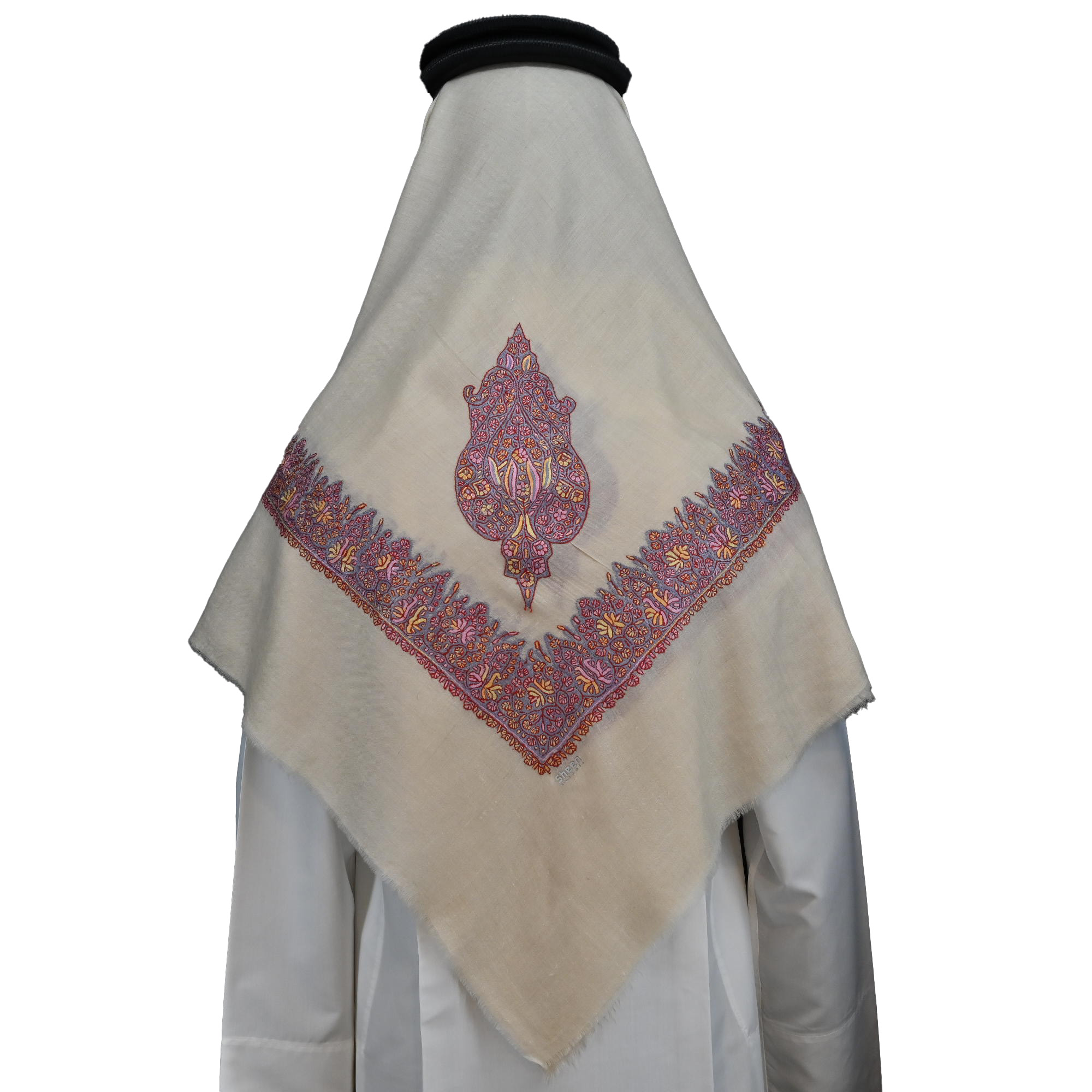 Kashmiri Shawl with Floral Pattern Shades of Pink Hand Embroidery and Grey Base - Image 3