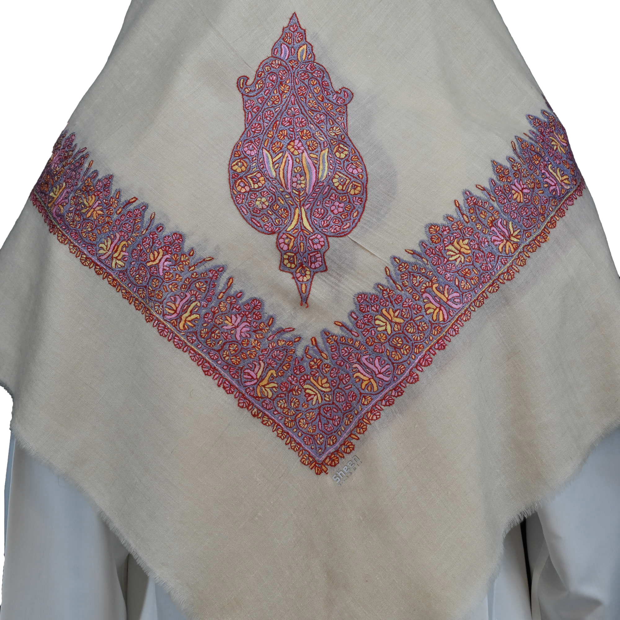 Kashmiri Shawl with Floral Pattern Shades of Pink Hand Embroidery and Grey Base - Image 4