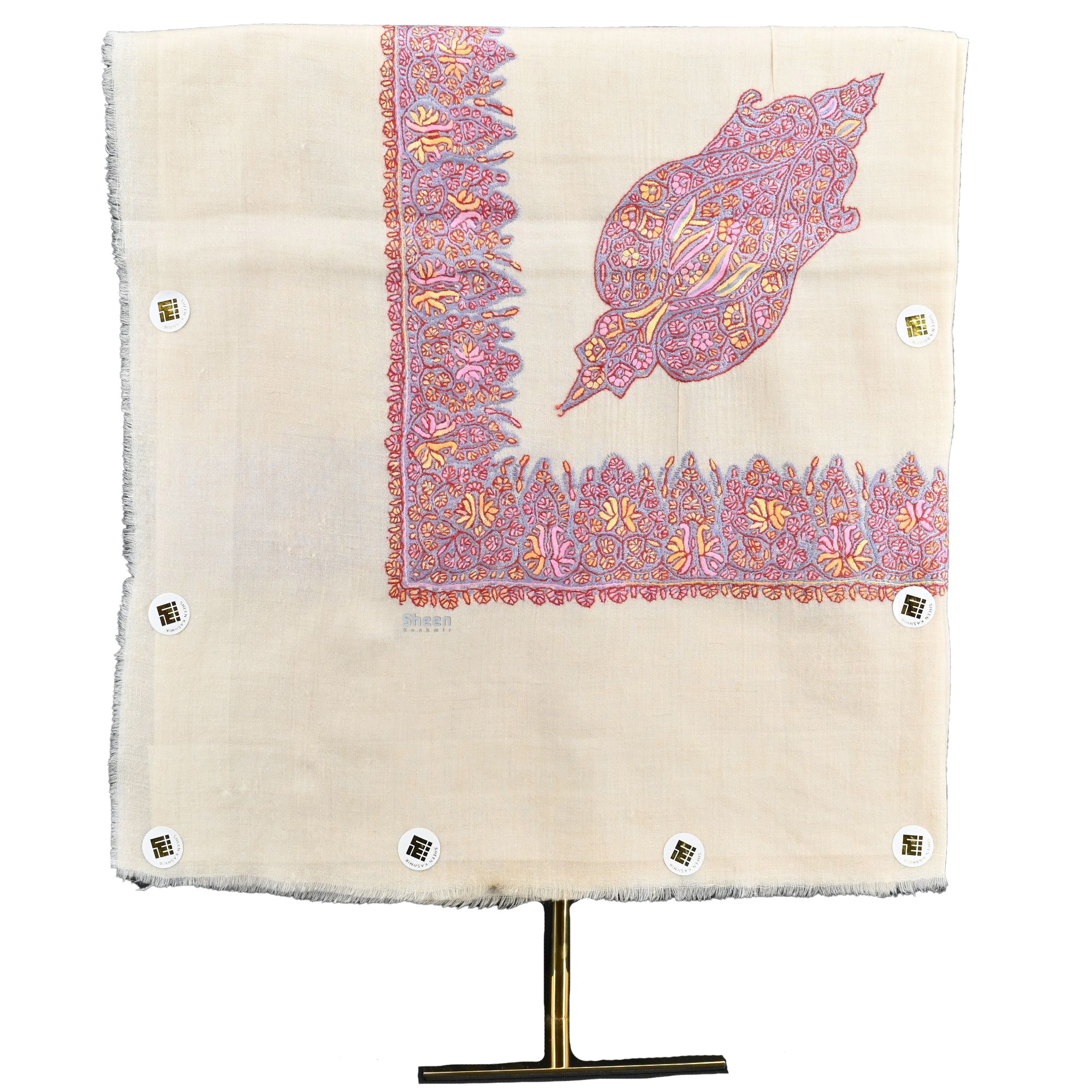 Kashmiri Shawl with Floral Pattern Shades of Pink Hand Embroidery and Grey Base - Image 5