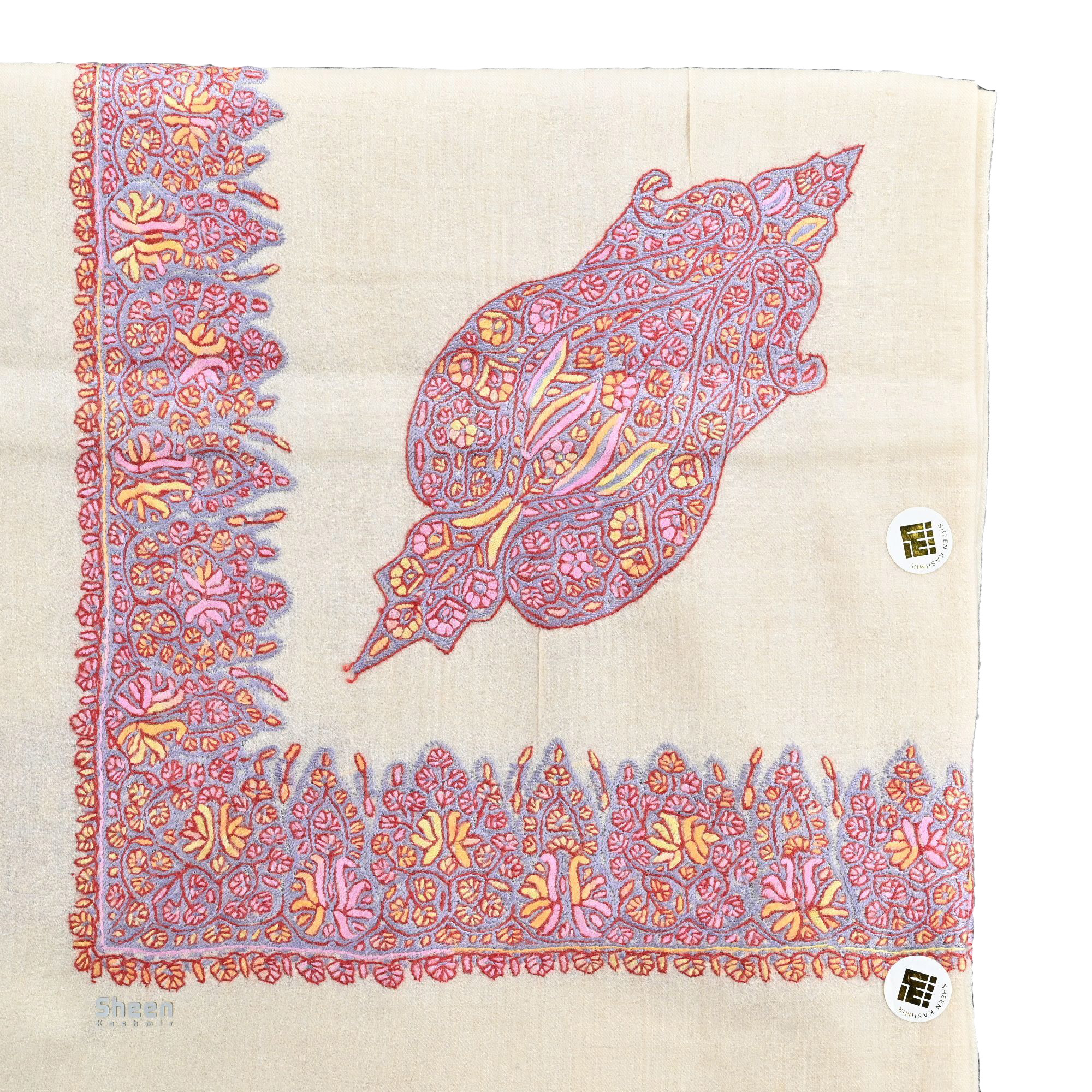 Kashmiri Shawl with Floral Pattern Shades of Pink Hand Embroidery and Grey Base - Image 6