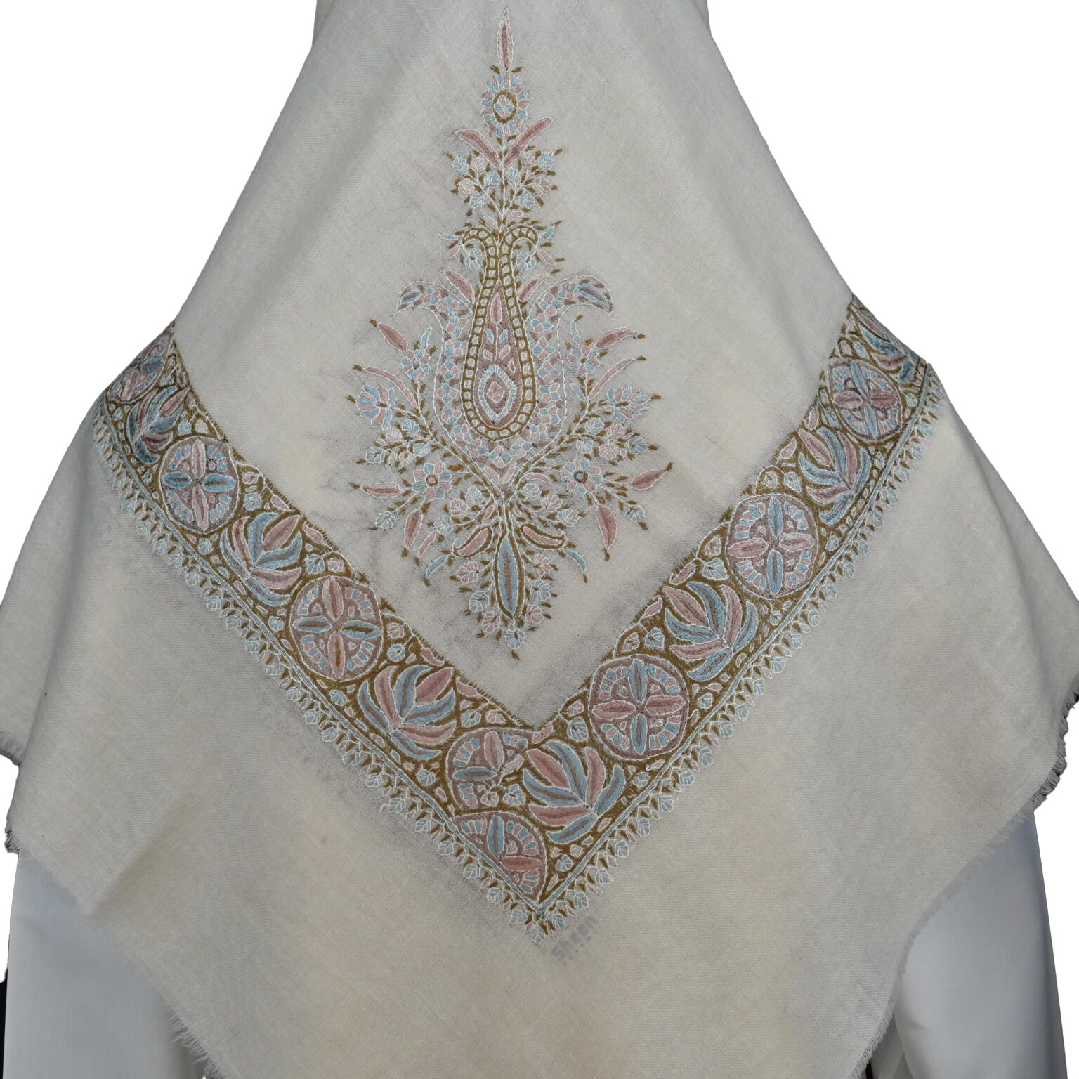 Kashmiri Shawl with Floral Pattern Light Shades Embroidery and Grey Base - Image 4