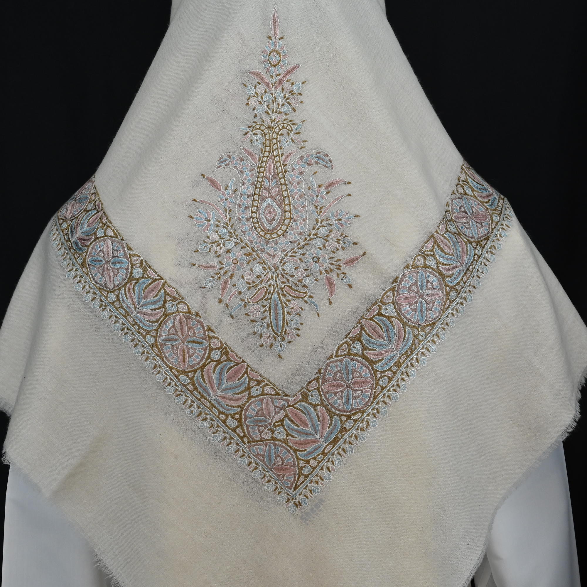 Kashmiri Shawl with Floral Pattern Light Shades Embroidery and Grey Base - Image 4