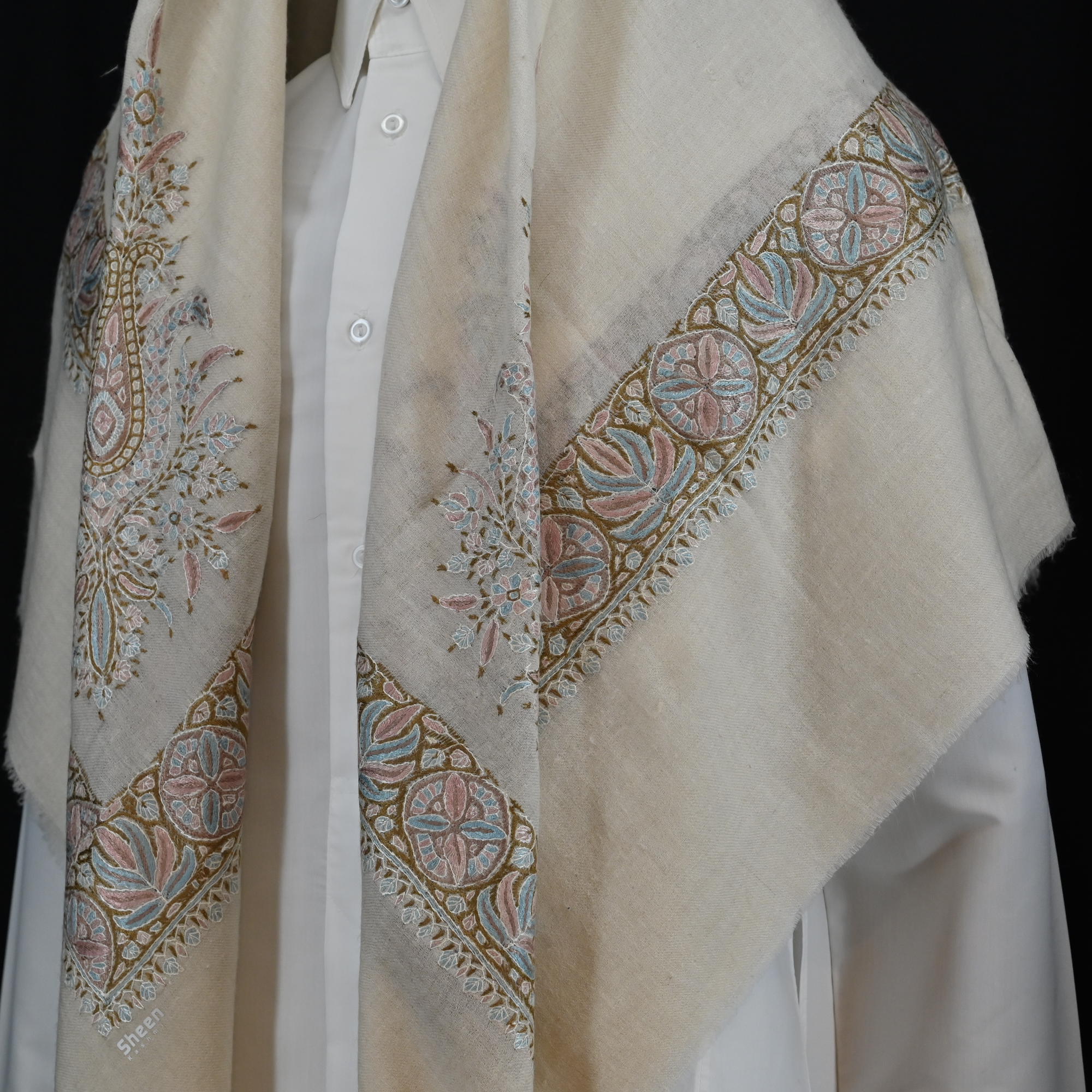 Kashmiri Shawl with Floral Pattern Light Shades Embroidery and Grey Base - Image 3