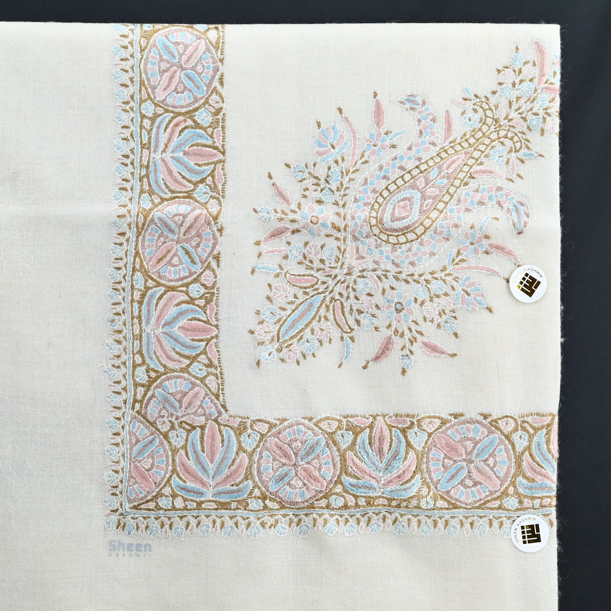 Kashmiri Shawl with Floral Pattern Light Shades Embroidery and Grey Base - Image 5
