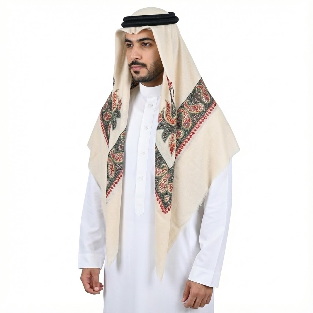 Green/Maroon Floral pattern Hand Embroidery and White Base