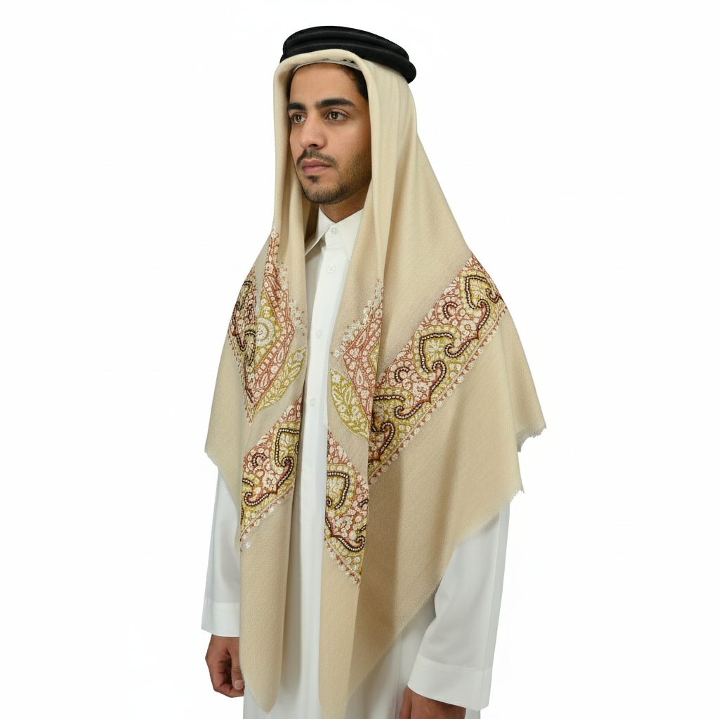 شال كشميري إصدار شيناسيك مع تطريز يدوي بنمط الخردل / البني وقاعدة بيج