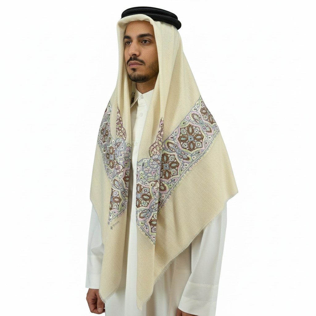 شال كشميري إصدار شيناسيك مع تطريز يدوي بنمط متعدد الألوان وقاعدة بيضاء