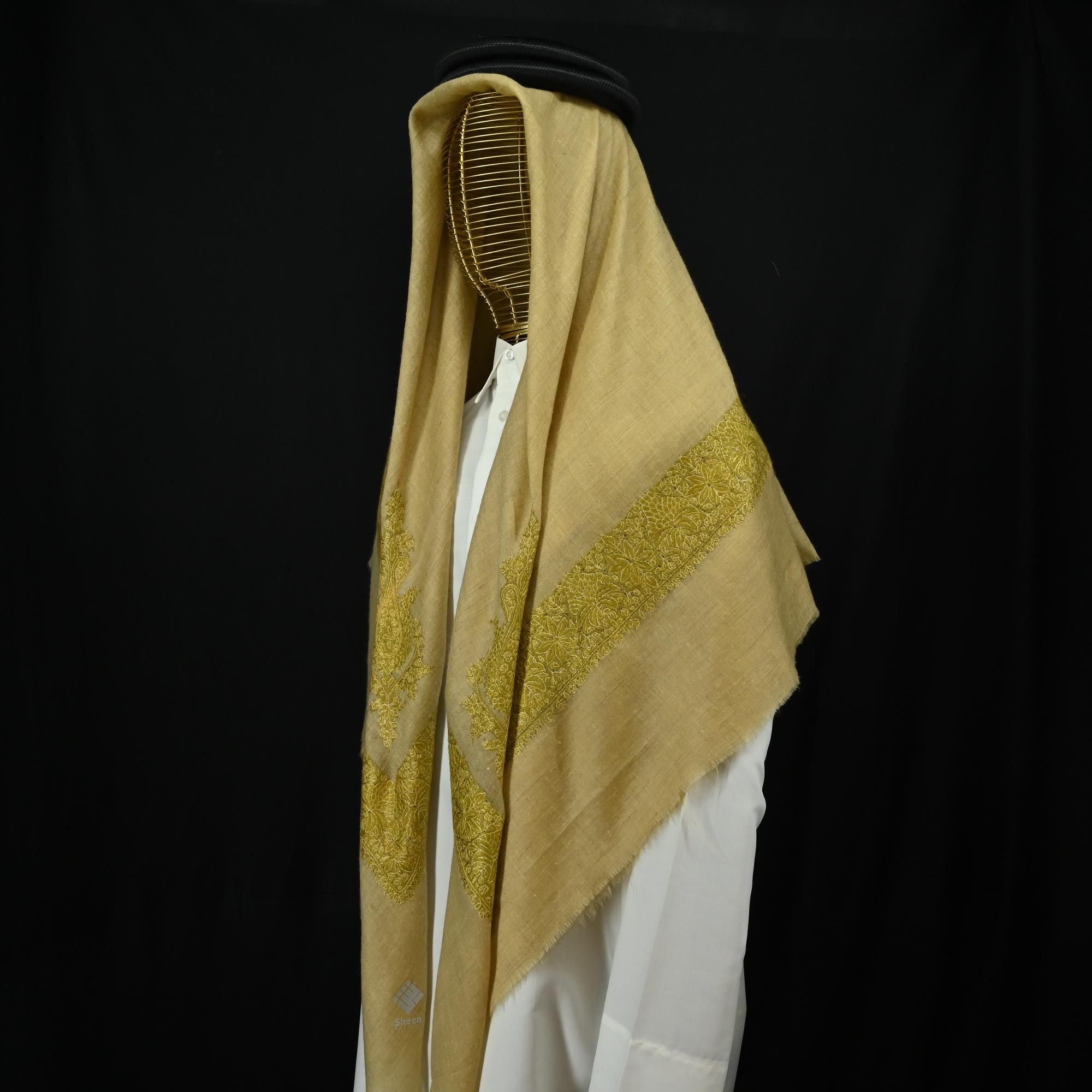 Contemporary Kashmiri shawl with yellow pattern, hand embroidery, and natural brown base