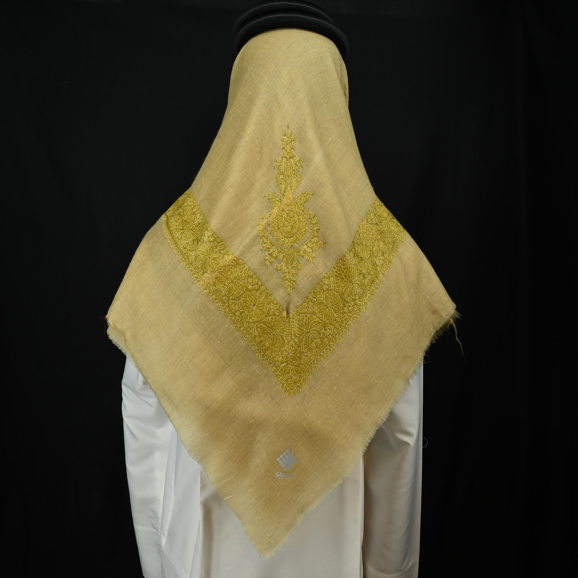 Contemporary Kashmiri shawl with yellow pattern, hand embroidery, and natural brown base